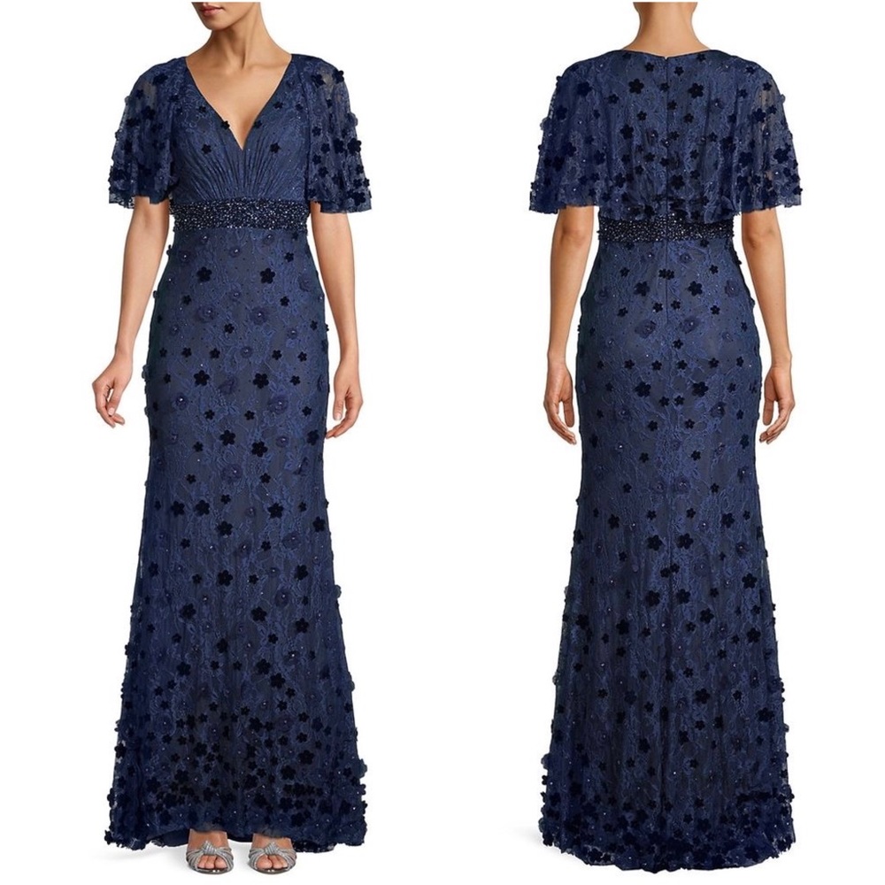 Floral Embellished V-Neck Appliqué Flutter Sleeve Lace Empire Waist Gown